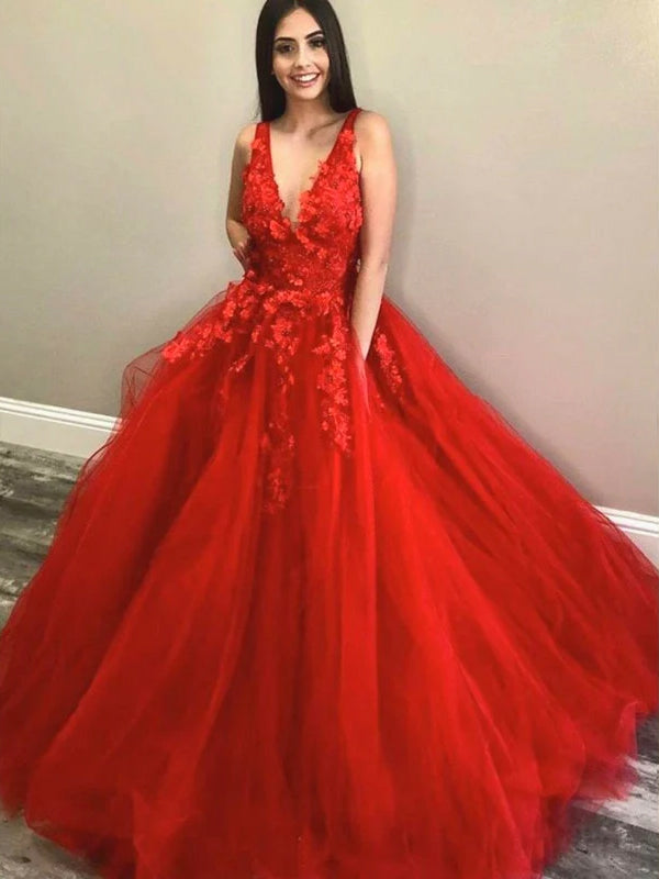 Sexy Red Floral V-neck Sleeveless A-line Long Prom Dress, PD3187 –  SposaBridal