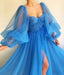 Unique A-line Blue Tulle Long Sleeves Modest Prom Dresses, PD2121