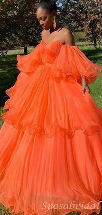 Orange Sweetheart Off-shoulder Bubble Organza A-line Prom Dress, PD3085