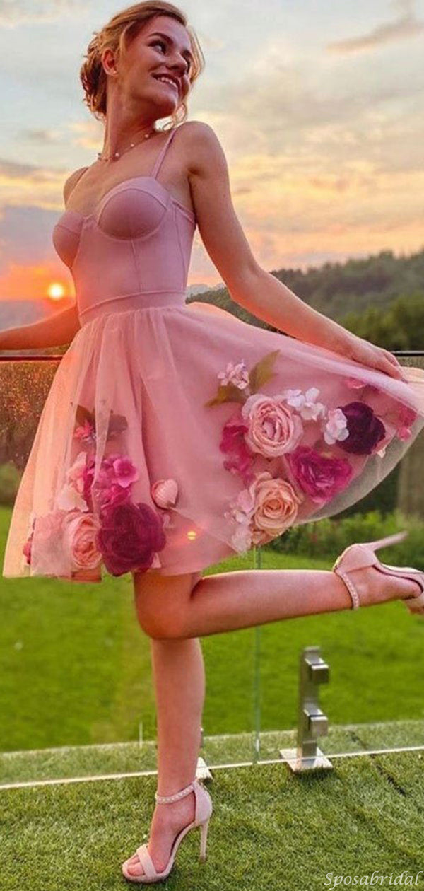 Sweet Pink Spaghetti-strap Ballet Floral A-line Mini Homecoming Dress, SposaBridal Sweet Pink Spaghetti-strap Ballet Floral A-line Mini Homecoming Dress, SposaBridal