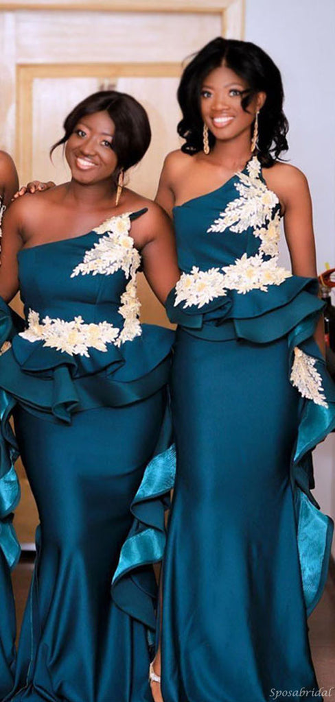 Teal Green Strapless Ruffle Ivory Appliques Mermaid Long Bridesmaid Dresses, BD3130