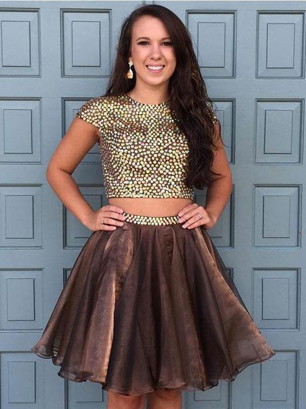 Brown Two Pieces Cap Sleeve Beaded Short Cheap Homecoming Dresses Online, CM583 - SposaBridal