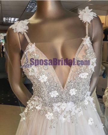 Deep V Neck Spaghetti Straps Sexy Prom Dresses, Most Popular Charming Prom dress, PD0695