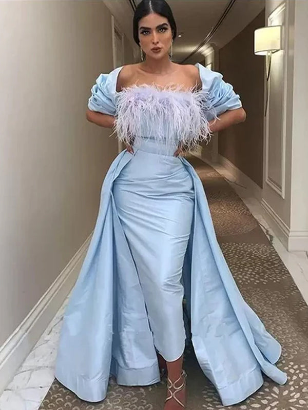 Sky Blue Off-shoulder Feather Top With Detachable Tail Mermaid Prom Dr SposaBridal Sky Blue Off-shoulder Feather Top With Detachable Tail Mermaid Prom Dr SposaBridal