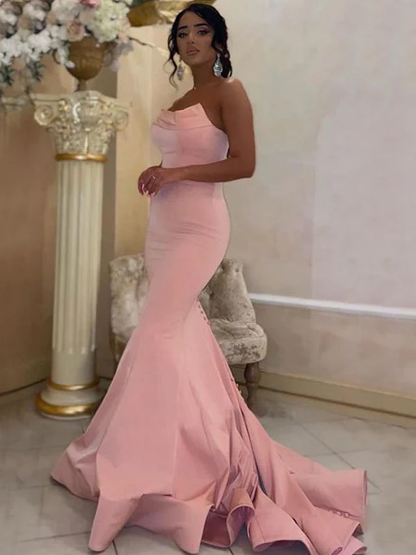 Straight Across Pink Strapless Sexy Mermaid Long Tail Prom Dress, PD3469