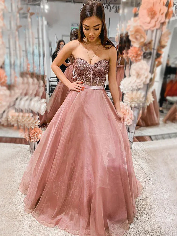 Sexy Dusty Rose Swwetheart Strapless Sparkly Top A-line Long Prom Dres SposaBridal Sexy Dusty Rose Swwetheart Strapless Sparkly Top A-line Long Prom Dres SposaBridal