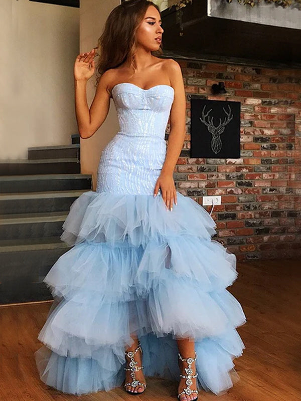 Blue Sexy Strapless Sweetheart Lace Top Tulle Asymmetric Mermaid Long SposaBridal Blue Sexy Strapless Sweetheart Lace Top Tulle Asymmetric Mermaid Long SposaBridal