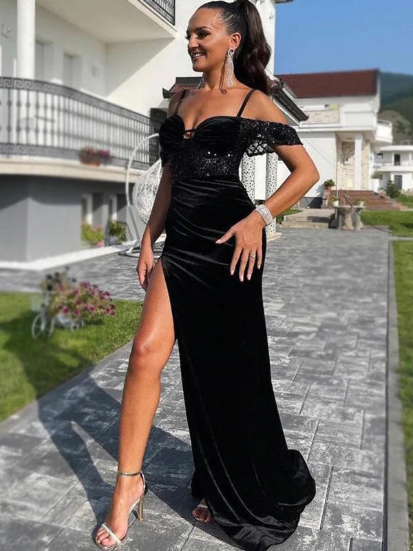 Sexy Black Off-shoulder Spaghetti Straps Side-slit Mermaid Long Prom D SposaBridal Sexy Black Off-shoulder Spaghetti Straps Side-slit Mermaid Long Prom D SposaBridal