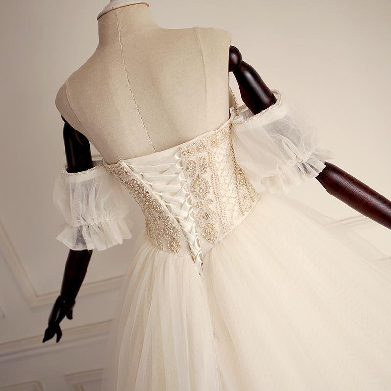 Off Shoulder Beaded A-line Lace Long Custom Cheap Wedding Bridal Dresses, WD302