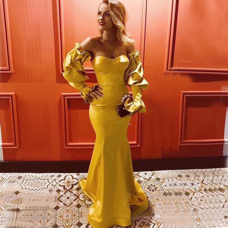 Sexy Yellow Strapless With Sleeves Mermaid Long Prom Dress, PD3280