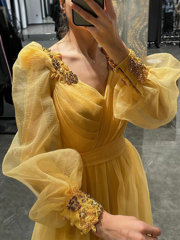 Yellow Long Sleeves Luxury Appliques A-line Side-slit Organza Long Pro SposaBridal Yellow Long Sleeves Luxury Appliques A-line Side-slit Organza Long Pro SposaBridal