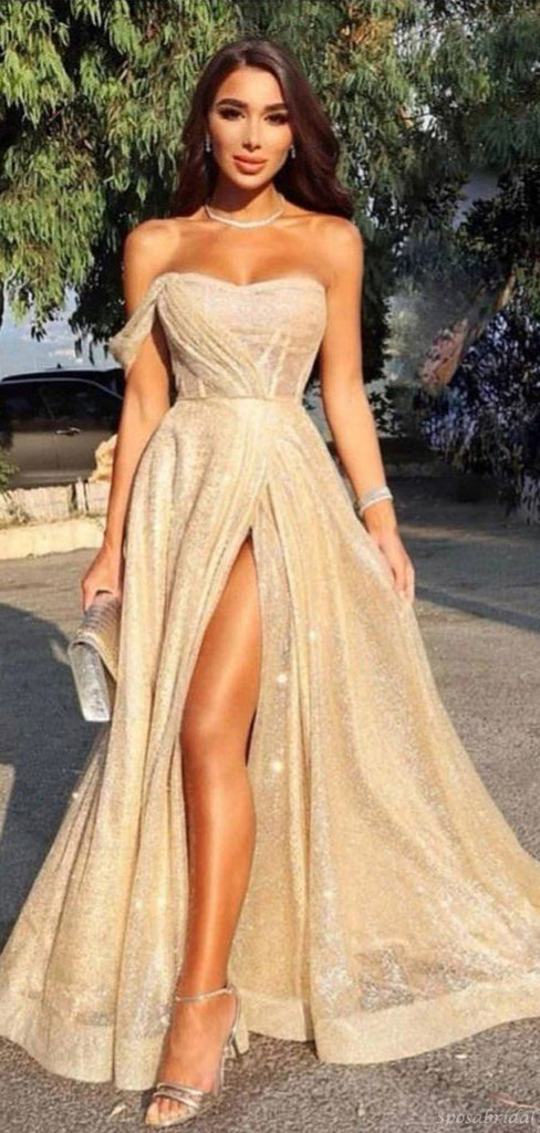 Champagne Gold A-Line Cheap Sequin Elegant Formal Long Prom Dresses, PD2183
